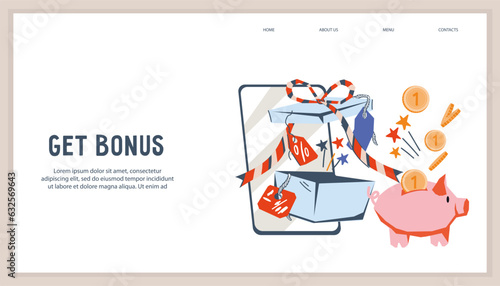 Bonus or referral program, cashback business concept web banner template, flat style vector illustration. Cashback, promotions and rewards for clients loyalty concept.