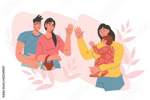 Nanny holds the baby and says goodbye to the parents, flat cartoon vector illustration isolated on background. Babysitter service concept. Kids daycare.