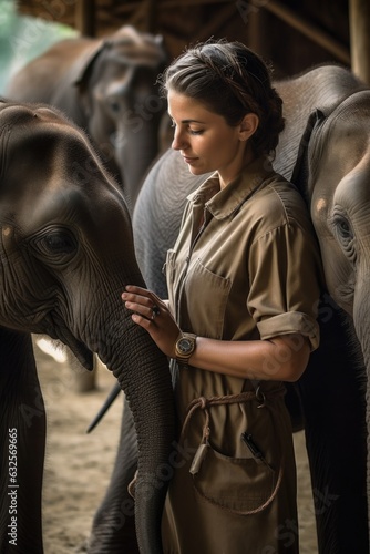 cropped shot of a young female veterinarian caring for some baby elephants