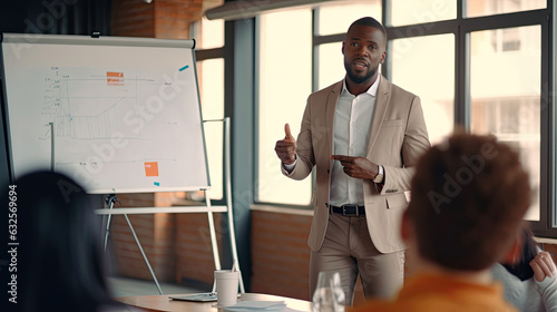 A Black people male business coach speaker in suit give flipchart presentation. Training. Generative Ai