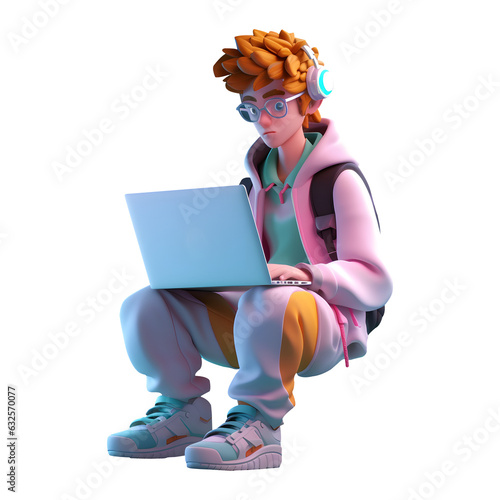 3d Young freelancer boy sitting and using laptop on his lap, character render isolated on transparent background