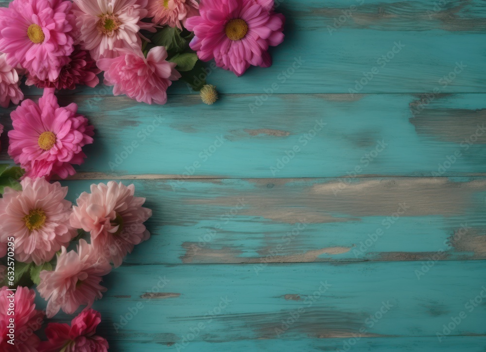 Pink roses against an old blue turquoise wooden board 
