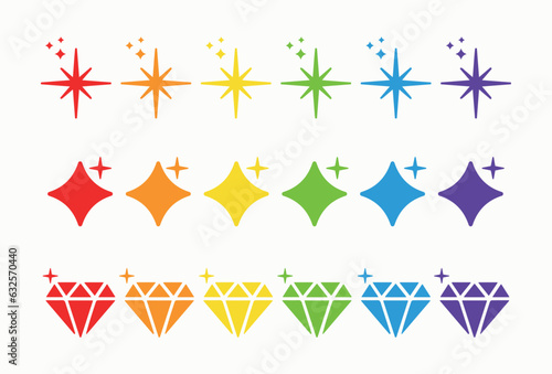 Rainbow stars, shine, heart, ligth, sparkle, diamond. Pride icon. Colors vector. LGBT Lesbian gay bisexual transgender concept. Party,celebration, flag, community