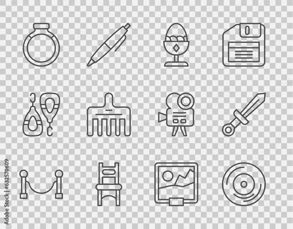 Set line Rope barrier, Vinyl disk, Chicken egg on stand, Chair, Gold ring, Hairbrush, Picture and Medieval sword icon. Vector Set line Rope barrier, Vinyl disk, Chicken egg on stand, Chair, Gold ring, Hairbrush, Picture and Medieval sword icon. Vector