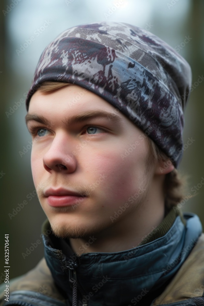 closeup shot of a young man wearing headgear standing outdoors closeup shot of a young man wearing headgear standing outdoors