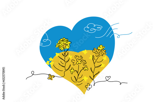 Rapeseed simple vector line art illustration. Ukrainian heart vector print in yellow and blue colors. One continuous line art drawing of rapeseed