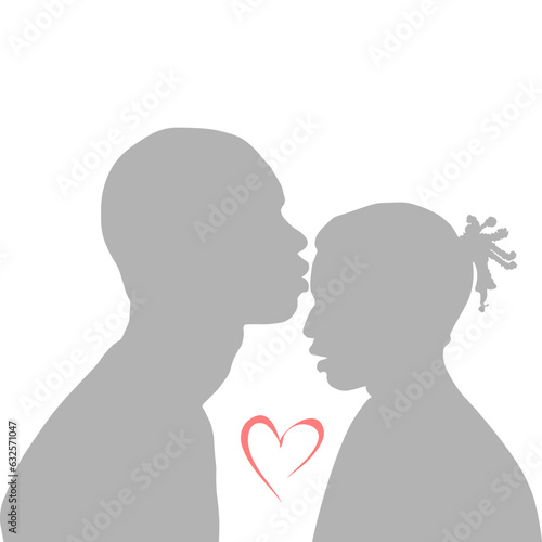 The silhouette of a couple in love, a light kiss on the forehead. The tenderness of the relationship. The relationship of people in love. Simple illustration.