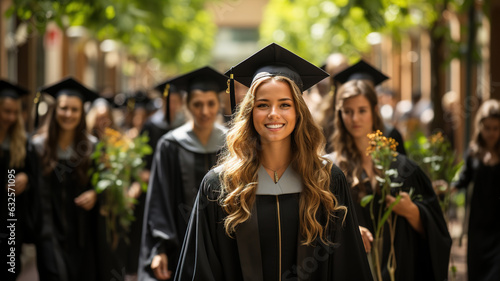 Young Female Graduate Celebrating Success in University. Smiling Girl in Graduation Gown and Hat. Achievement, Education, Bright Future Success Concept. Commencement Ceremony on College Campus