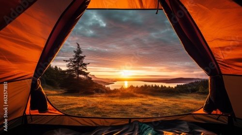 View of the serene landscape from inside a tent. Beautiful illustration picture. Generative AI