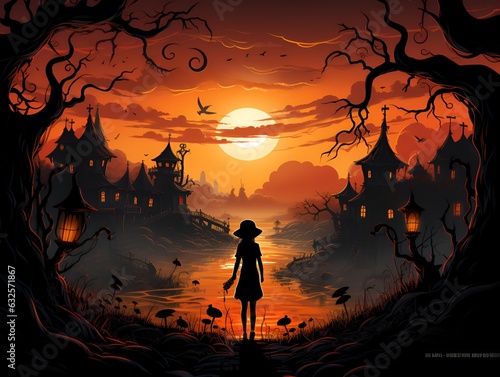 Halloween poster containing a shadowy image of a girl in the middle of an old town against a full moon as a background. generative ai.