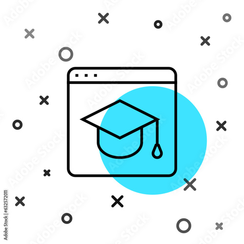 Black line Online education and graduation icon isolated on white background. Online teacher on monitor. Webinar and video seminar learning. Random dynamic shapes. Vector