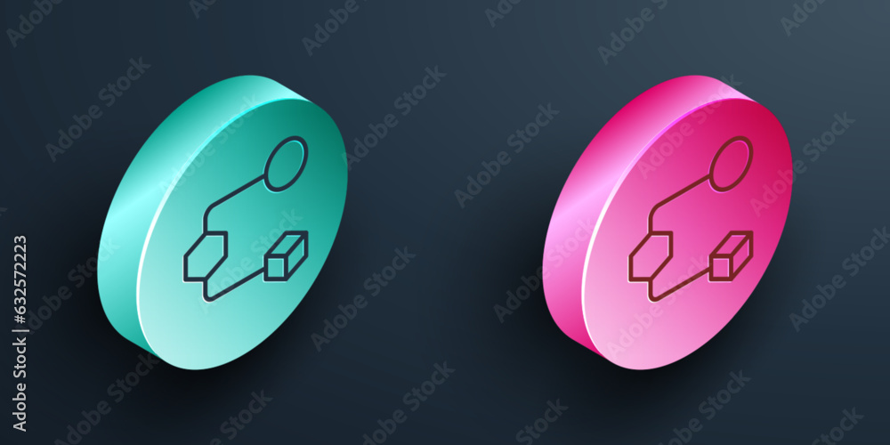 Isometric line Isometric cube icon isolated on black background. Geometric cubes solid icon. 3D square sign. Box symbol. Turquoise and pink circle button. Vector Isometric line Isometric cube icon isolated on black background. Geometric cubes solid icon. 3D square sign. Box symbol. Turquoise and pink circle button. Vector