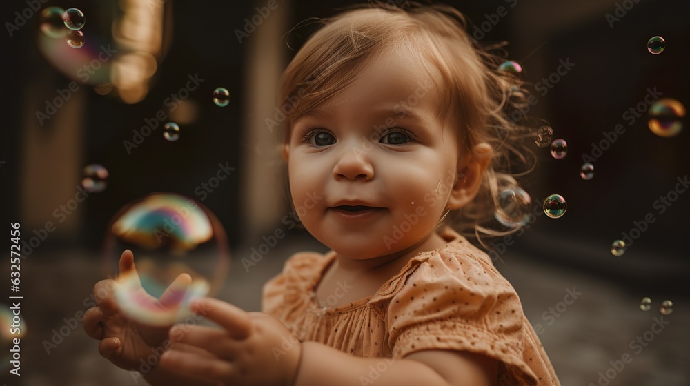 Baby portrait while playing with bubbles in boho style