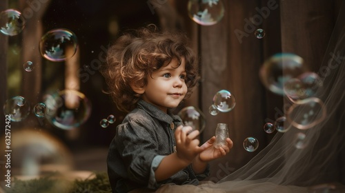 Baby portrait while playing with bubbles in boho style