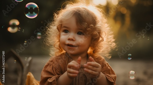 Baby portrait while playing with bubbles in boho style