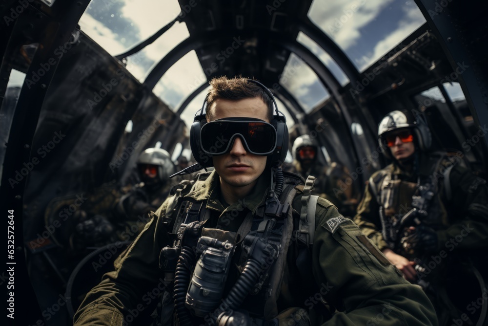 Soldiers in professional equipment. Beautiful illustration picture. Generative AI