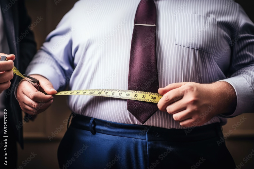 A fat man in a shirt is measuring his waist with a measuring tape. Generative AI