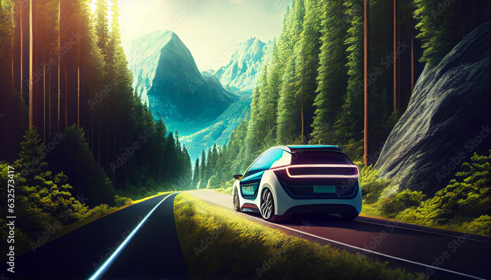EV (Electric Vehicle) electric car is driving on a winding road that runs through a verdant forest and mountains. Clean Energy, Nature Scene Ai generated image 