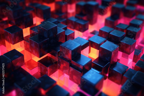 Cubes with neon glow on dark science technology background. Abstract background. Generative AI