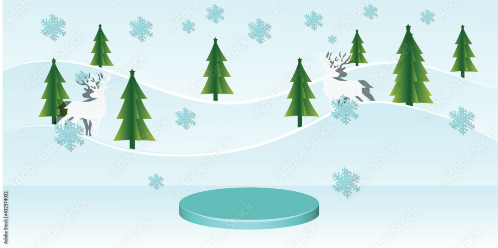 snow or christmas themed podium background with christmas tree and snow and reindeer

