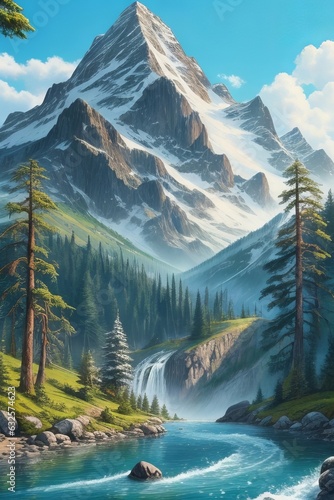 oil painting of beautifl spring landscape, forest,snow mountains and river on canvas © burak duman