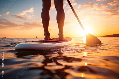 man standing on SUP board in the water at sunset. generative AI © ronstik