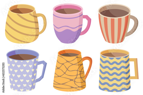 Collection of decorative mug design illustrations. Mug set with drinks and different designs, cute colorful illustrations.