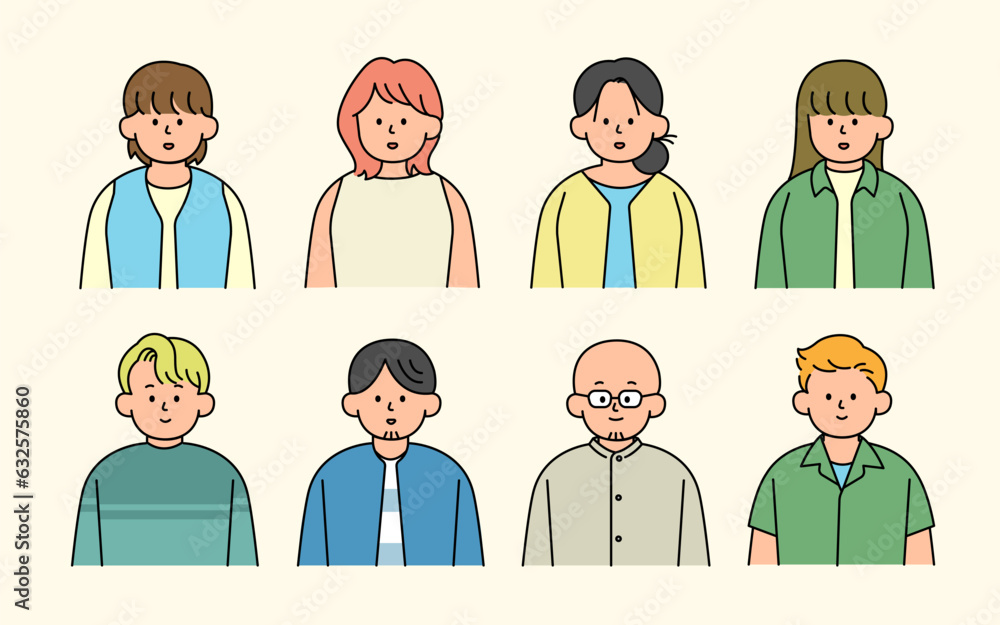 Outline avatars profile set, office workers, simple icon style, character design, vector illustration. Outline avatars profile set, office workers, simple icon style, character design, vector illustration.