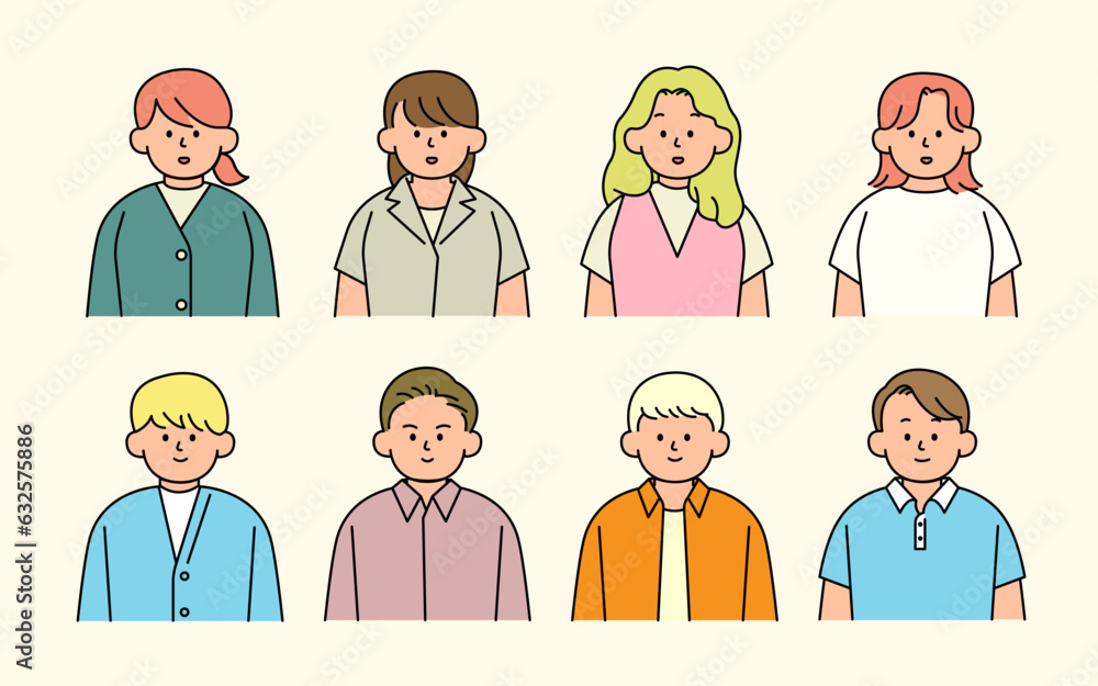 Outline avatars profile set, office workers, simple icon style, character design, vector illustration. Outline avatars profile set, office workers, simple icon style, character design, vector illustration.