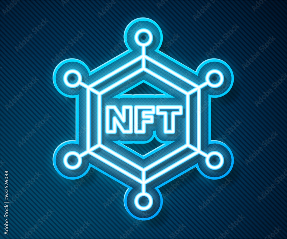 Glowing neon line NFT blockchain technology icon isolated on blue background. Non fungible token. Digital crypto art concept. Vector Glowing neon line NFT blockchain technology icon isolated on blue background. Non fungible token. Digital crypto art concept. Vector