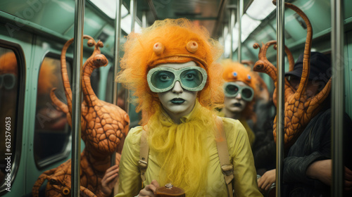 A portrait of a futuristic girl with orange hair in a subway. Green goggles and yellow suit. Orange squid aliens around her. Stuff from nightmares. Generative AI 