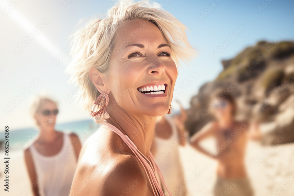 Youthful mature woman having fun at the beach, generative ai