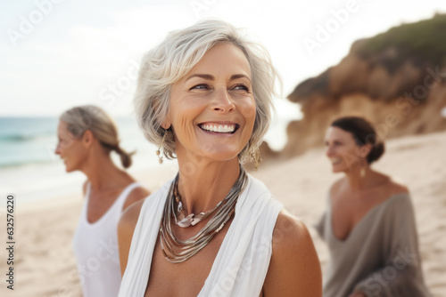Youthful mature woman having fun at the beach, generative ai photo