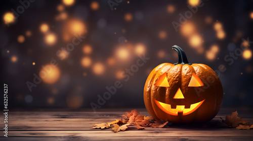 Happy halloween with pumpkin on bokeh background with copy space photo