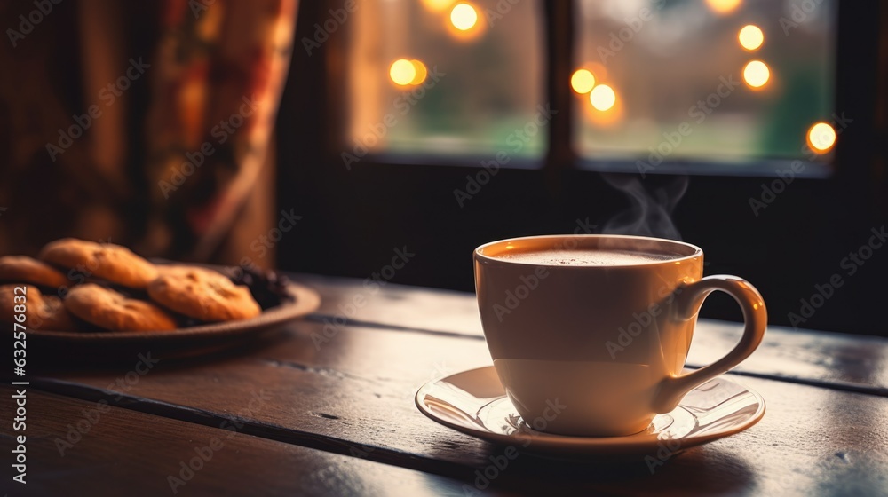 Obraz premium Steamy hot cup of espresso coffee on an old rustic wooden table, chocolate chip cookies, warm cozy stone fireplace, relaxing ambience, delightful cottage, peaceful atmosphere, autumn, generative ai