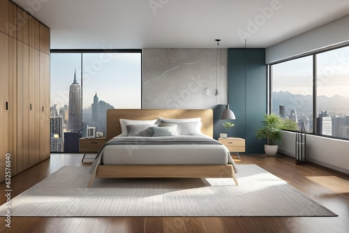 modern bedroom interior with comfortable bed placed on carpet under window