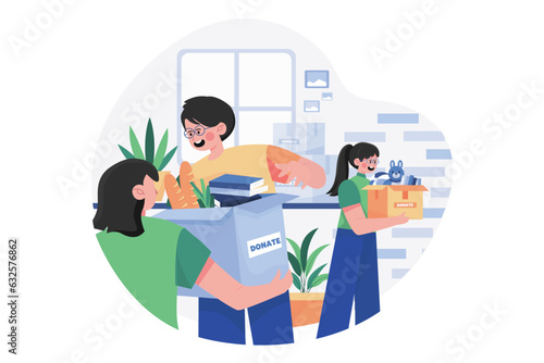 The group of volunteers is receiving charity items