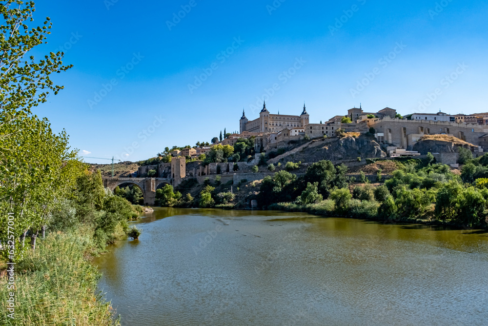 Panoramic view of Toledo, Spain, UNESCO World Heritage. Tagus River, Old Town and Alcazar.