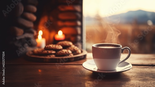 Steamy hot cup of espresso coffee on an old rustic wooden table, chocolate chip cookies, warm cozy stone fireplace, relaxing ambience, delightful cottage, peaceful atmosphere, autumn, generative ai