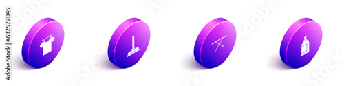 Set Isometric Drying clothes, Rubber plunger, Ironing board and Bottle for cleaning agent icon. Vector