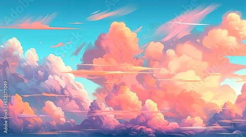 Watercolor illustration of blue sky and clouds at sunset   generative AI.