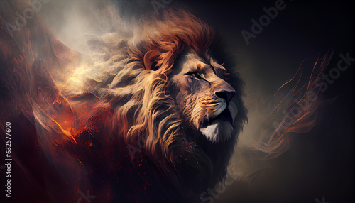 Lion of Judah, exuding strength and power. Christian conceptual illustration, lion in the sunset, Ai generated image 