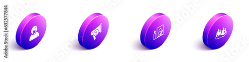 Set Isometric Censor and freedom of speech, Megaphone dollar, Mourning photo frame and Burning car icon. Vector