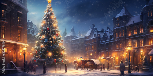 Merry christmas festival night environment background, A beautiful digital artwork of snowy street with christmas trees and lights digital art style, Christmas Tree Street, generative Ai 