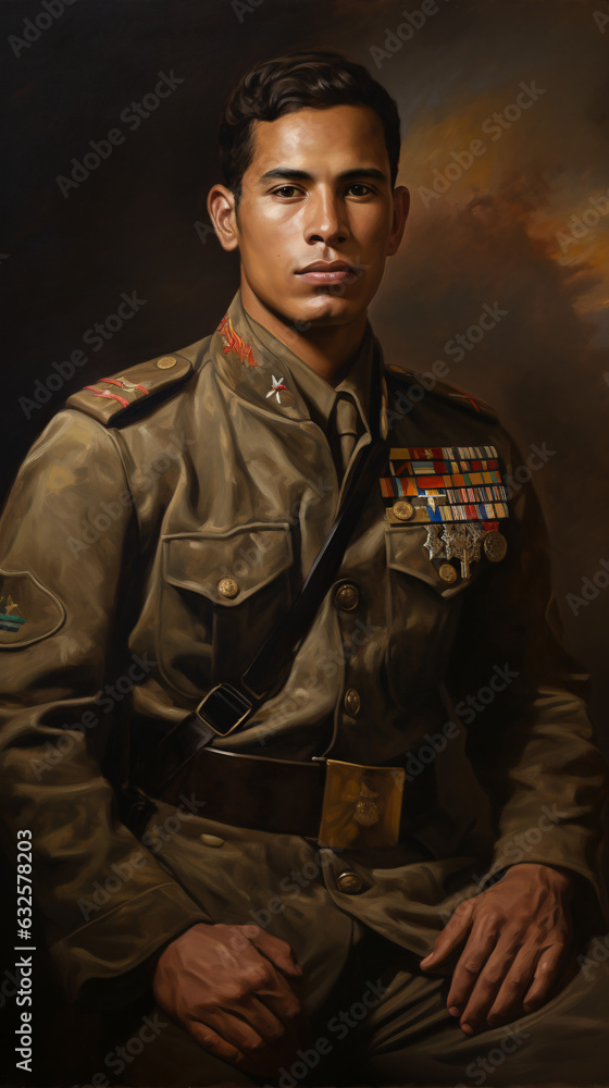 Portrait of a serious South American soldier in uniform, embodying dedication and professionalism. This depiction reflects the soldier's commitment and resolute demeanor