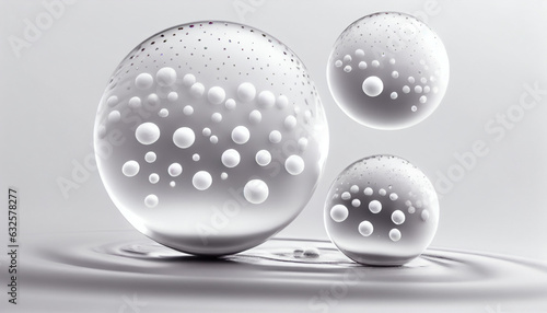 water bubbles floats or cosmetic liquid serum drops on white background. skin care concept, Ai generated image