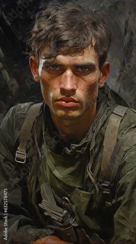 A portrait of a Slavic soldier, reflecting the warrior spirit and historical heritage of Slavic culture. This depiction captures the soldier's noble bravery and strength