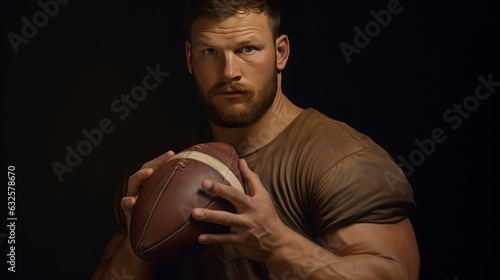 photorealistic, strength athletes holds an american football into the camera, high quality, 16:9 , copy space photo