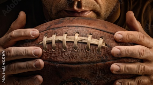 photorealistic, strength athletes holds an american football into the camera, high quality, 16:9 , copy space photo