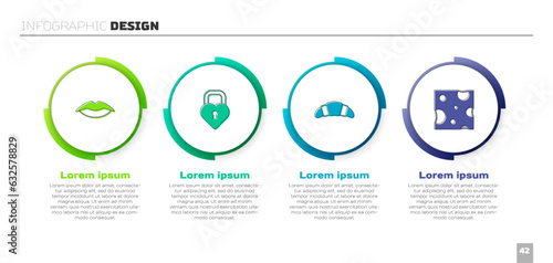 Set Smiling lips, Castle the shape of heart, Croissant and Cheese. Business infographic template. Vector